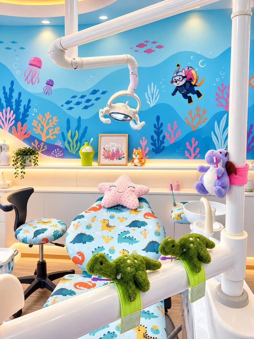Área de atención con decoración marina, peluches y juguetes a la vista